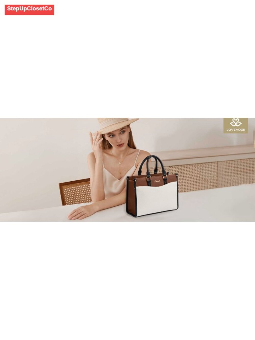 Vintage Color Block Satchel Tote Bag, Vegan Leather Top Handle Crossbody - Picture 6 of 6